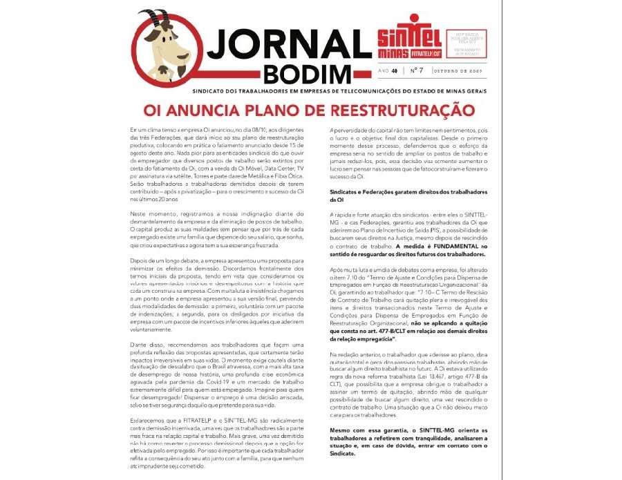 JORNAL OUTUBRO - OI ANUNCIA PLANO DE REESTRUTURAÇÃO