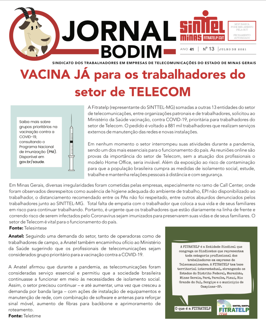 VACINA JÁ para os trabalhadores do setor de TELECOM